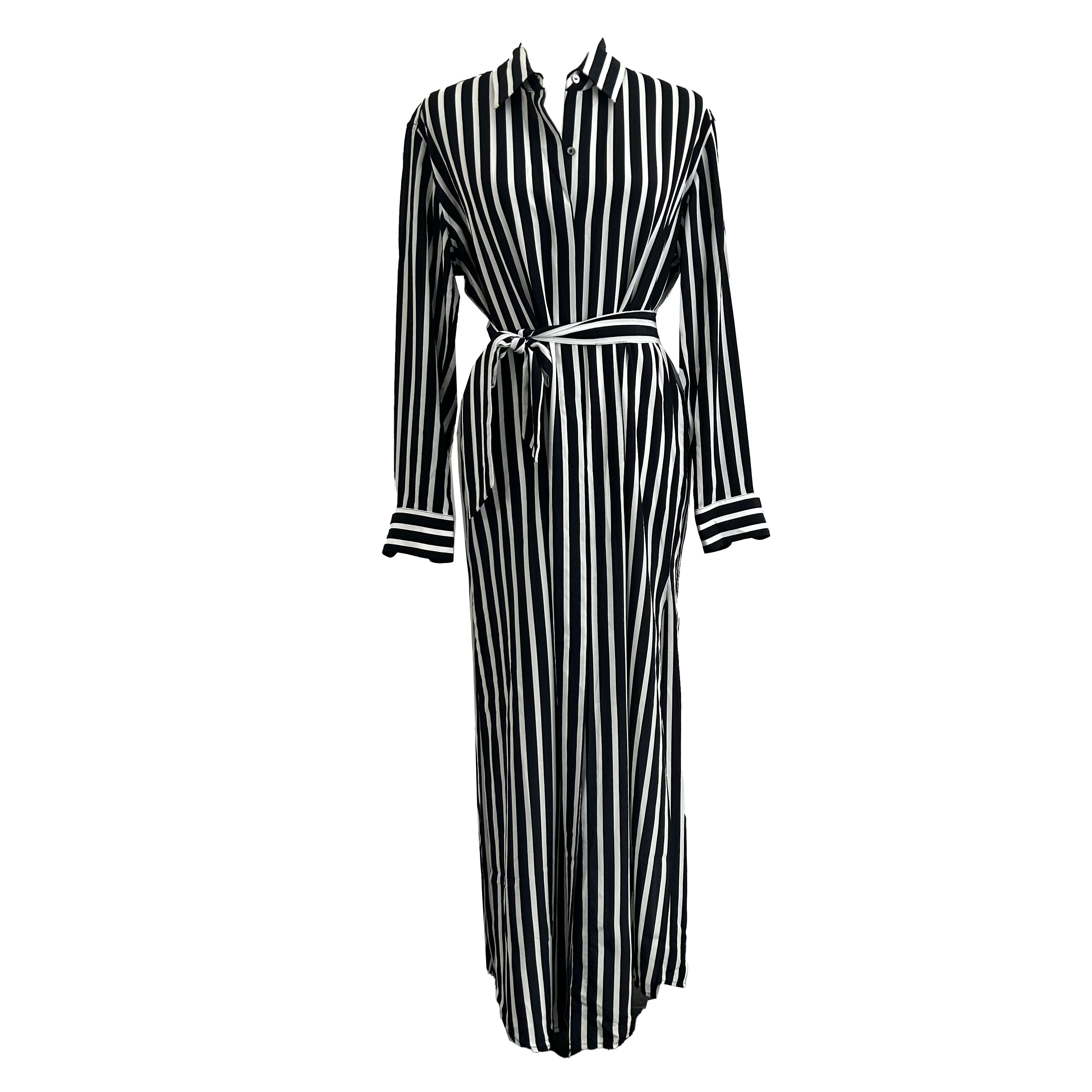 Marie France Van Damme Black & White Stripe Silk Maxi Shirtdress M