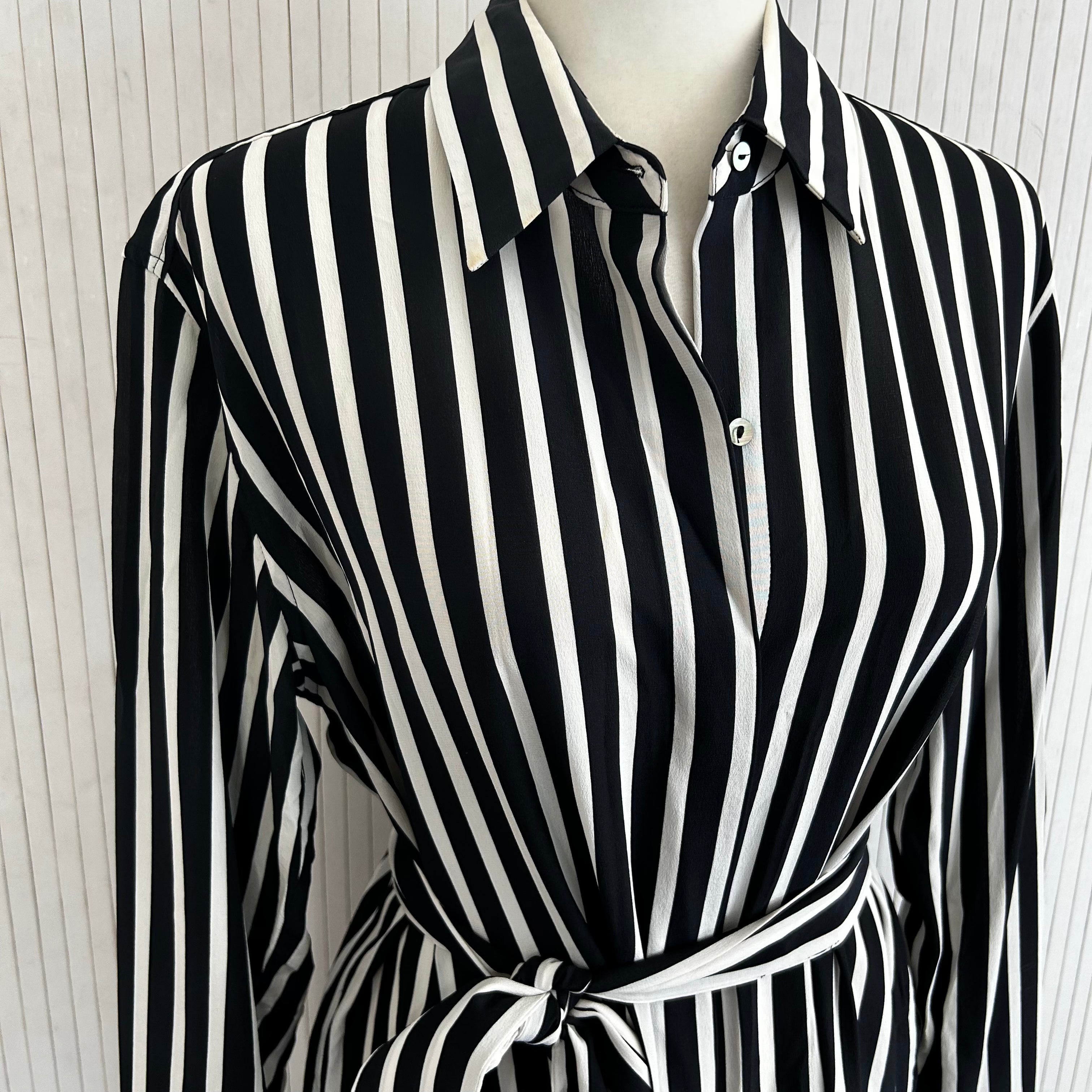 Marie France Van Damme Black & White Stripe Silk Maxi Shirtdress M