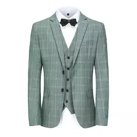 Men's 3-Piece Performance Stretch Slim Fit Green & White Plaid Suit