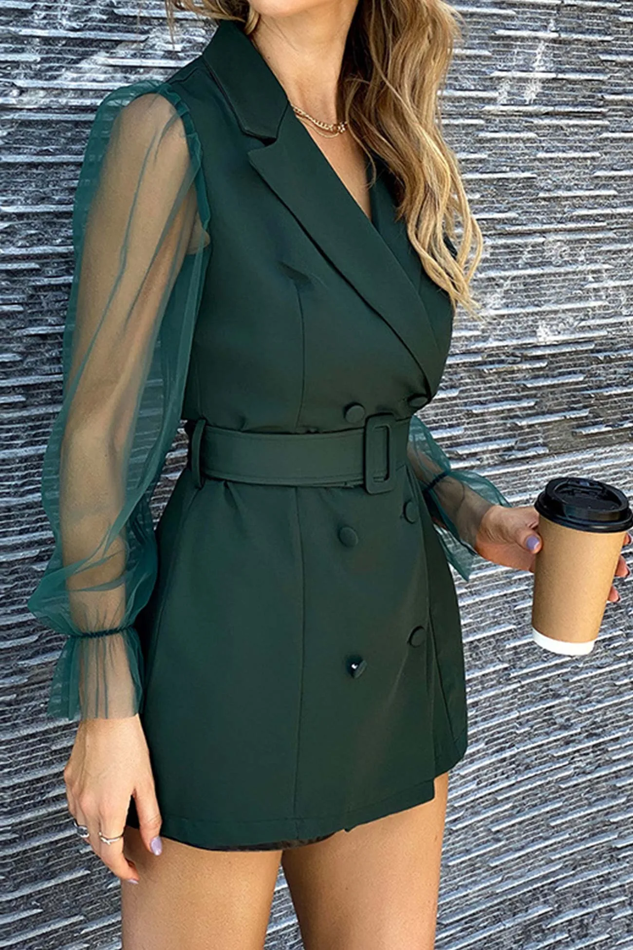 Mesh Sleeves Double-breasted Belted Blazer Dress