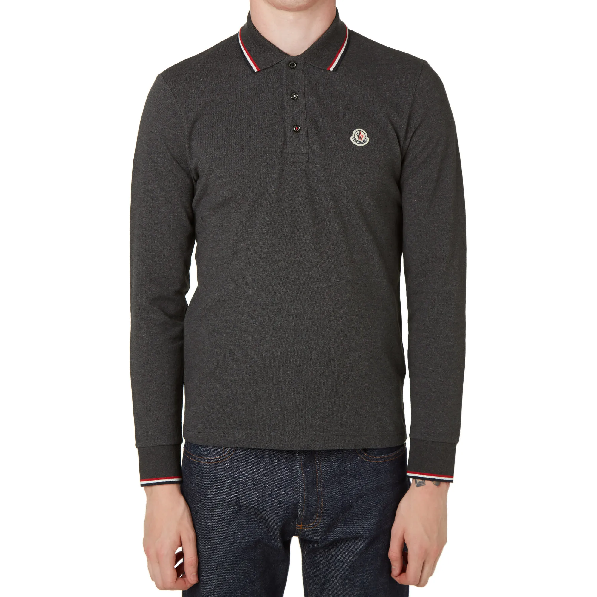 Moncler Long Sleeve Slim Fit Pique PoloCharcoal