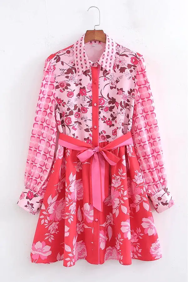 MULTI PRINT LONG SLEEVE BELTED SHIRT DRESS - Pink