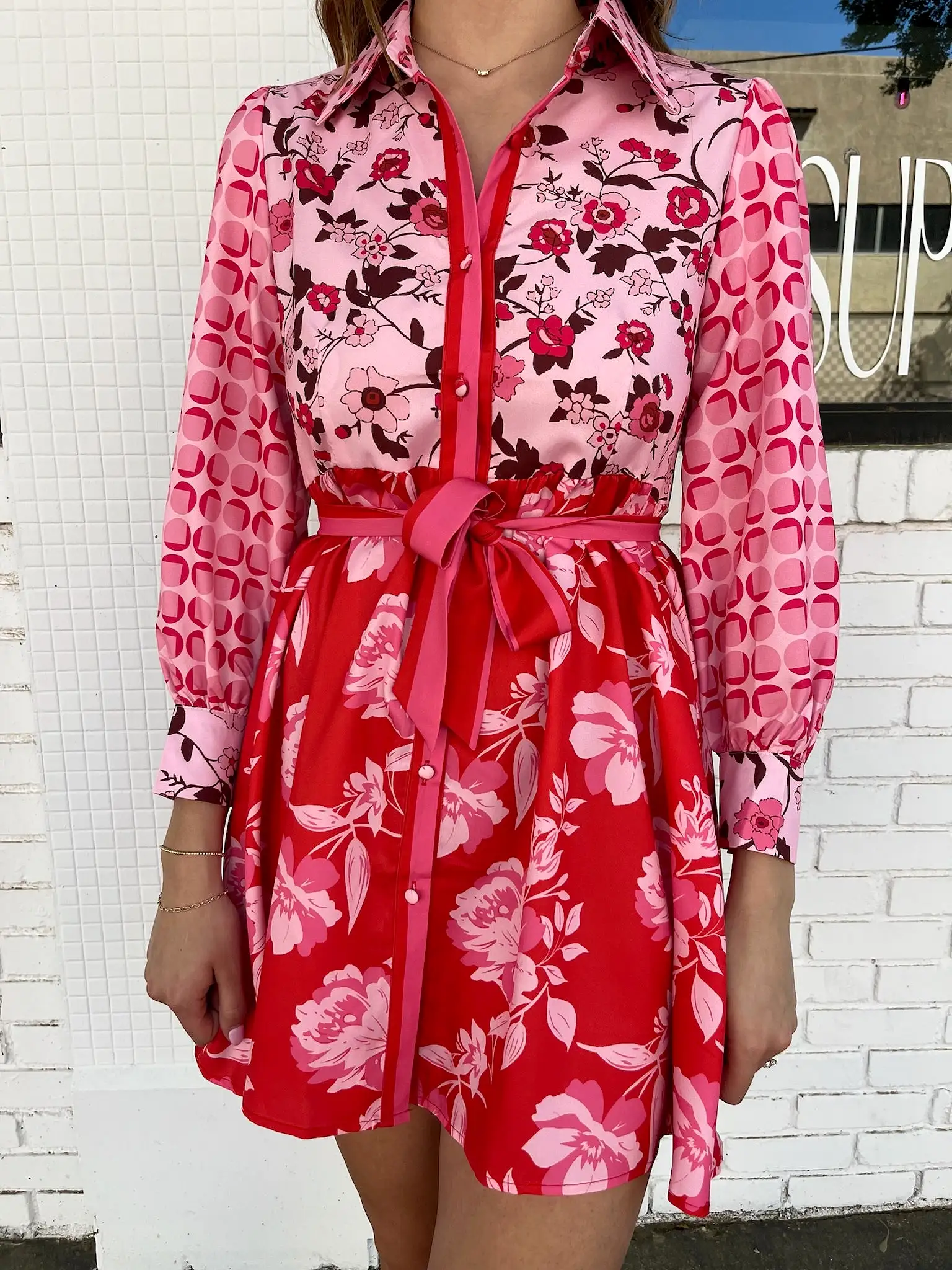 MULTI PRINT LONG SLEEVE BELTED SHIRT DRESS - Pink