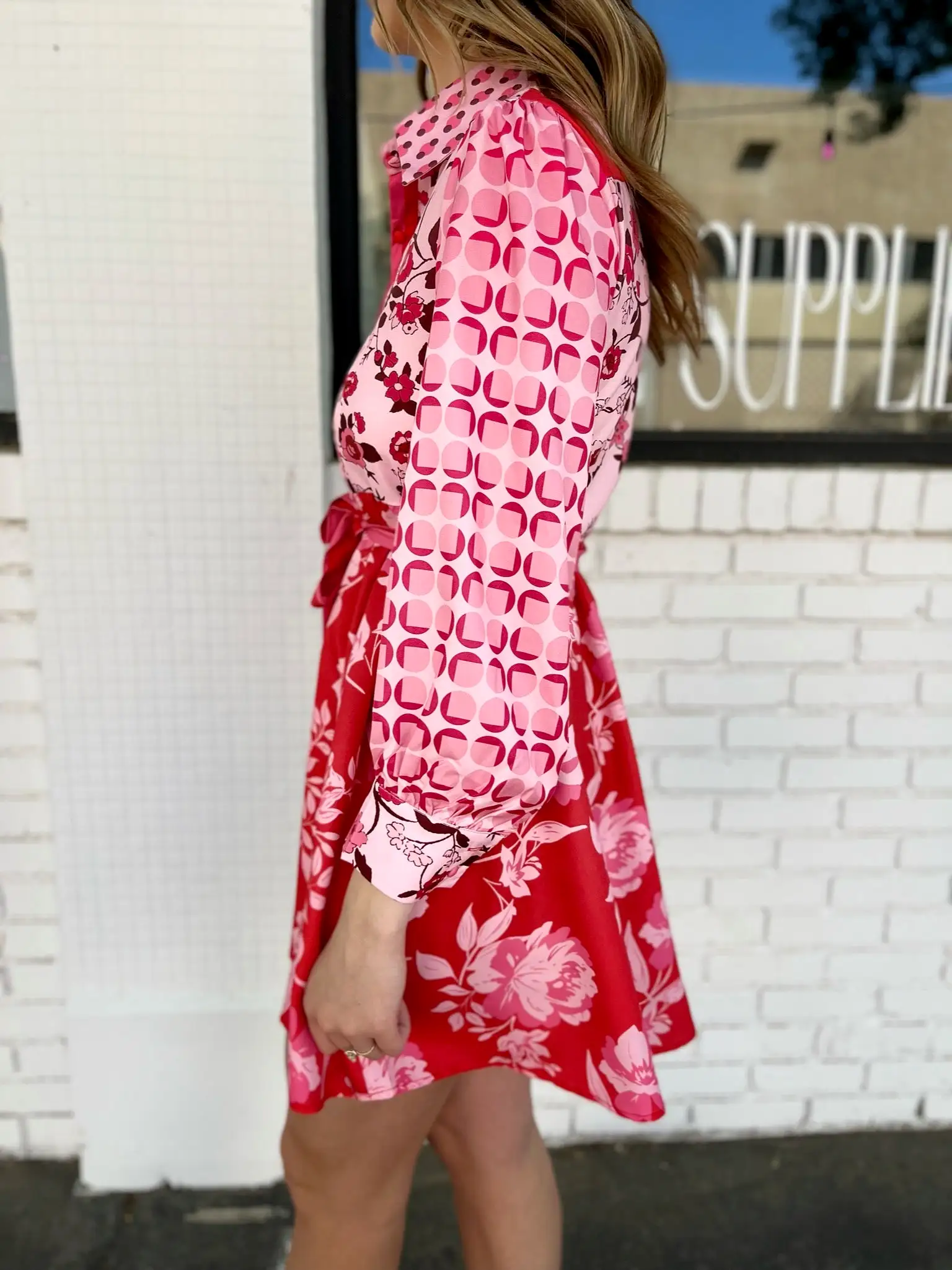 MULTI PRINT LONG SLEEVE BELTED SHIRT DRESS - Pink