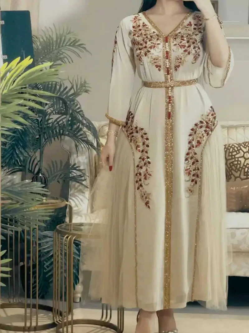 Muslim Abaya Long Dresses Women Wedding Evening Party Dress Elegant Floral Embroidery Lace Belted Kaftan Ramadan X4611753