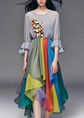 Natural Colorblock Asymmetrical Patchwork Chiffon Dresses Summer