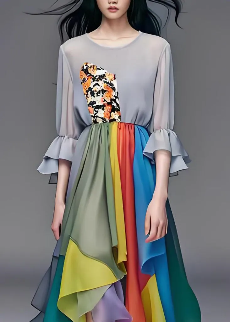 Natural Colorblock Asymmetrical Patchwork Chiffon Dresses Summer