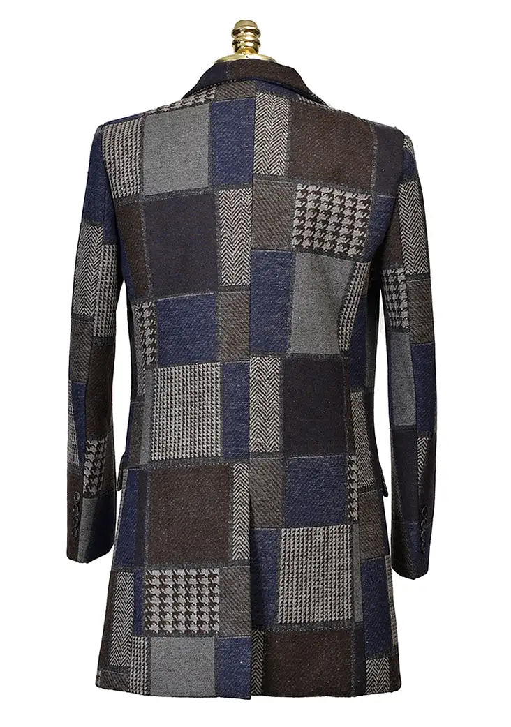 Navy Patchwork Checkered Single Breasted Two Button Wool Blend Coats