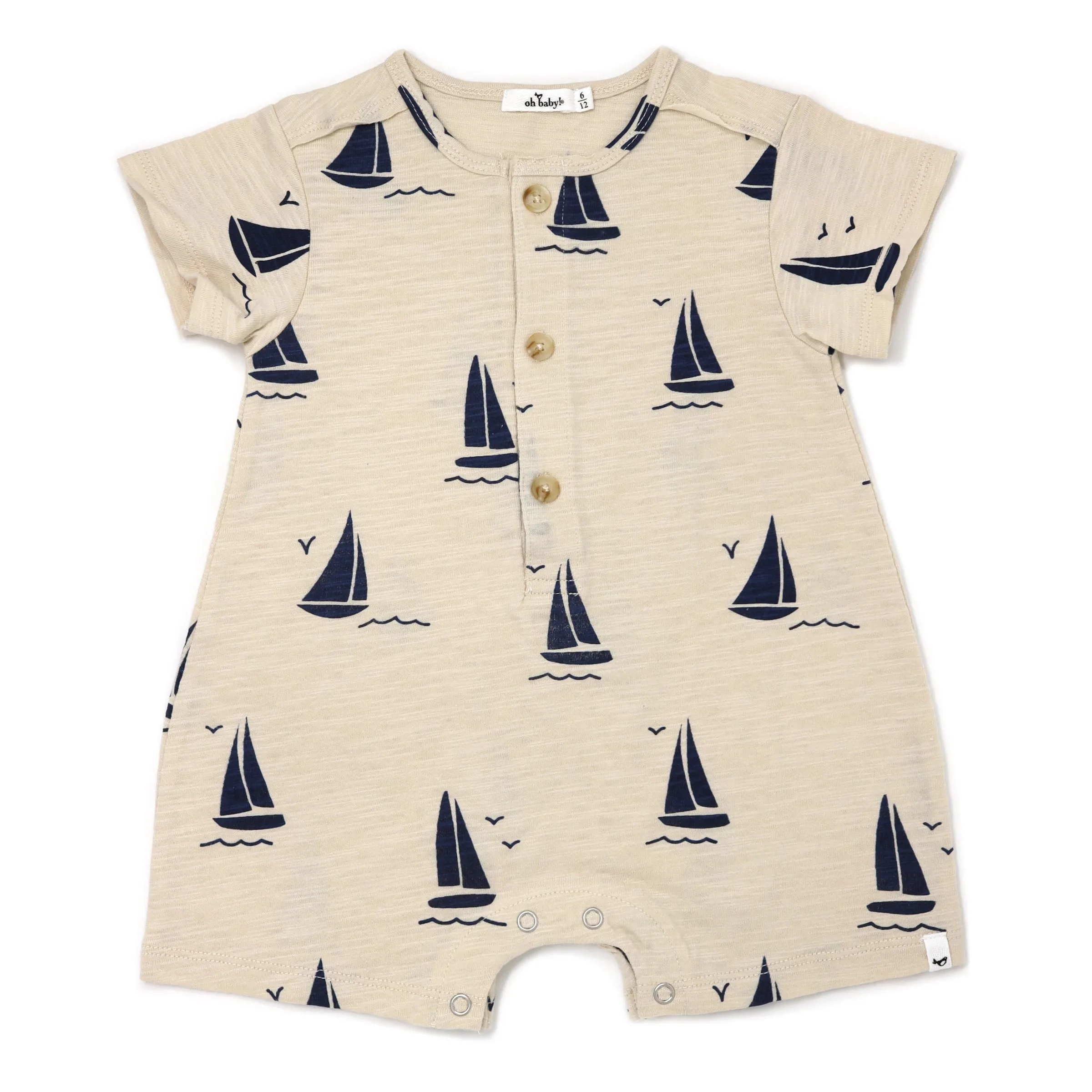 oh baby! Short Sleeve Button Neck Slub Romper -  Navy Sailboat Print - Oat