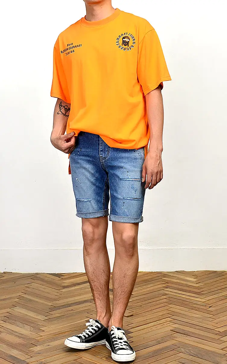 Orange Graphic Short Sleeved T-Shirts Mens Loose Fit Crewneck Tees