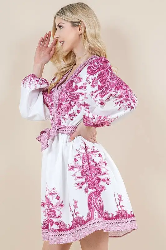 Paisley Long Sleeve Belted Dress