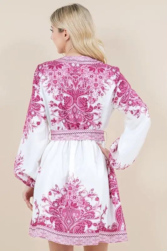 Paisley Long Sleeve Belted Dress