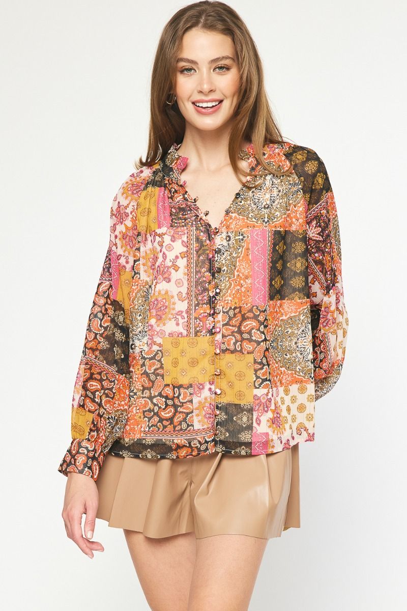 Paisley Print Long Sleeve Button Up- Rusti Multi