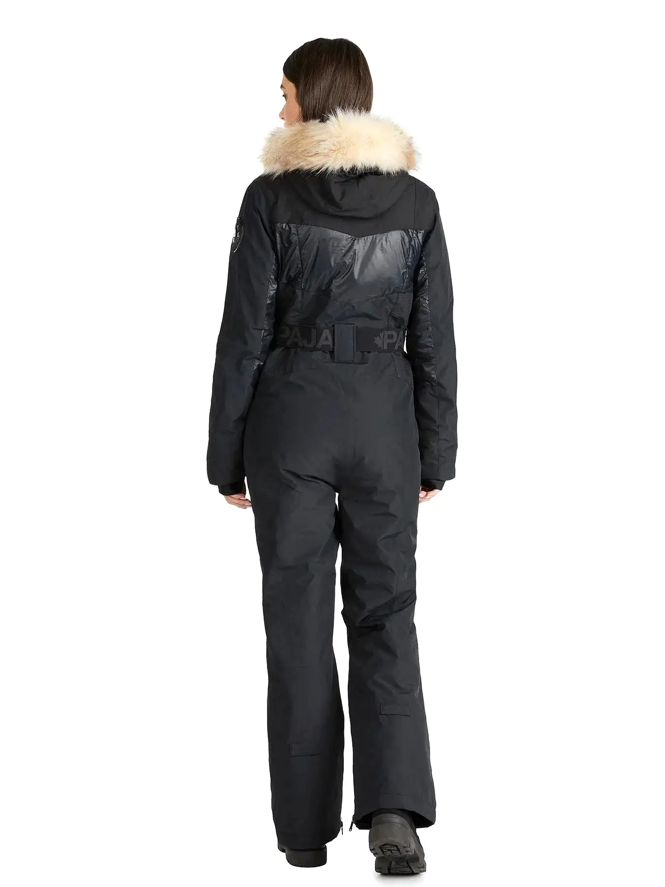 Pajar Womens Pearl Belted Mixed Media Ski Jumpsuit with Faux Fur Trim - BLACK