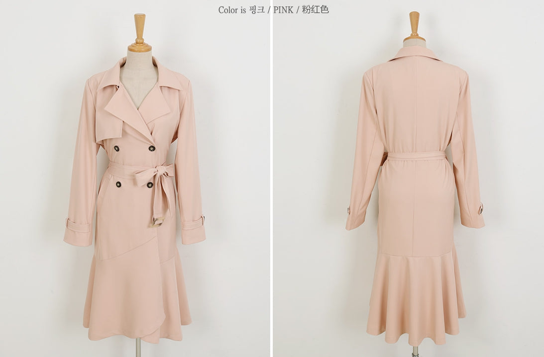 Pink Brown Sheer Flared Classic Double Breasted Trench Coats Belted For Womens Long Outerwear Spring Autumn Korean Drama Fashion