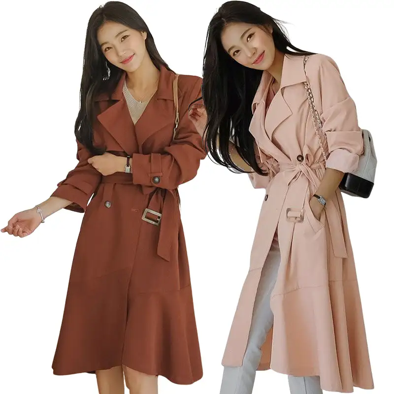 Pink Brown Sheer Flared Classic Double Breasted Trench Coats Belted For Womens Long Outerwear Spring Autumn Korean Drama Fashion