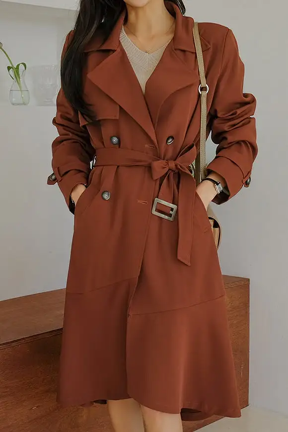 Pink Brown Sheer Flared Classic Double Breasted Trench Coats Belted For Womens Long Outerwear Spring Autumn Korean Drama Fashion