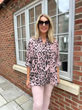 Pink Leopard Print Textured Button Detail Blouse Fran