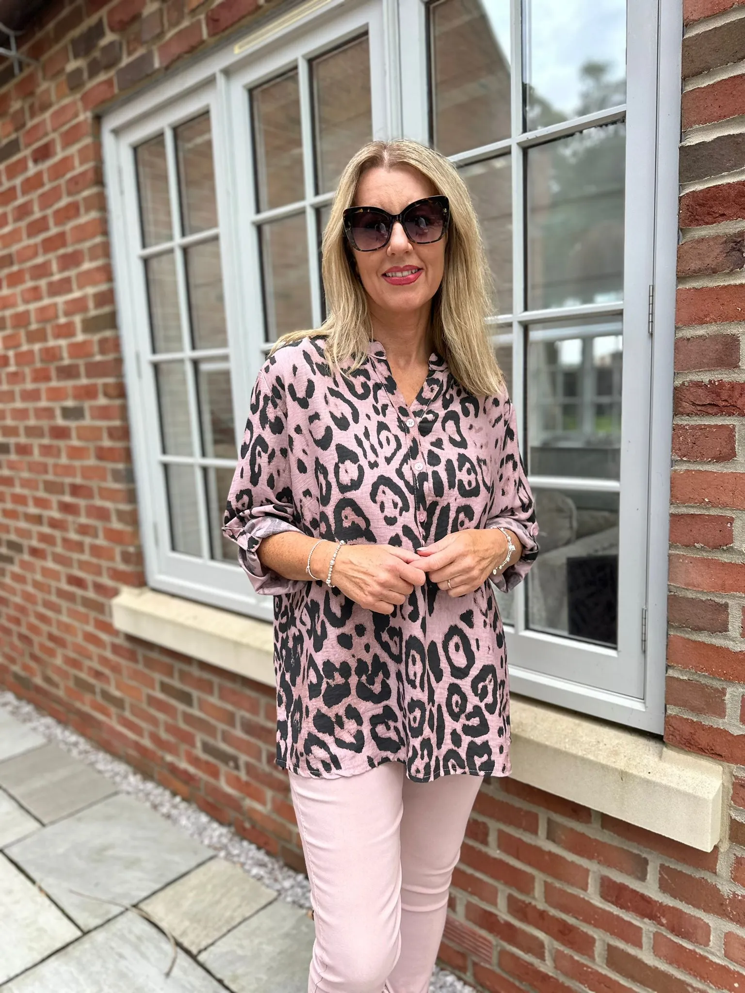 Pink Leopard Print Textured Button Detail Blouse Fran