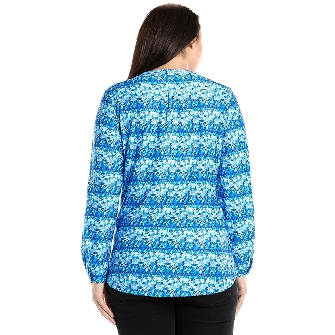 Plus size long sleeve zig zag print button down top