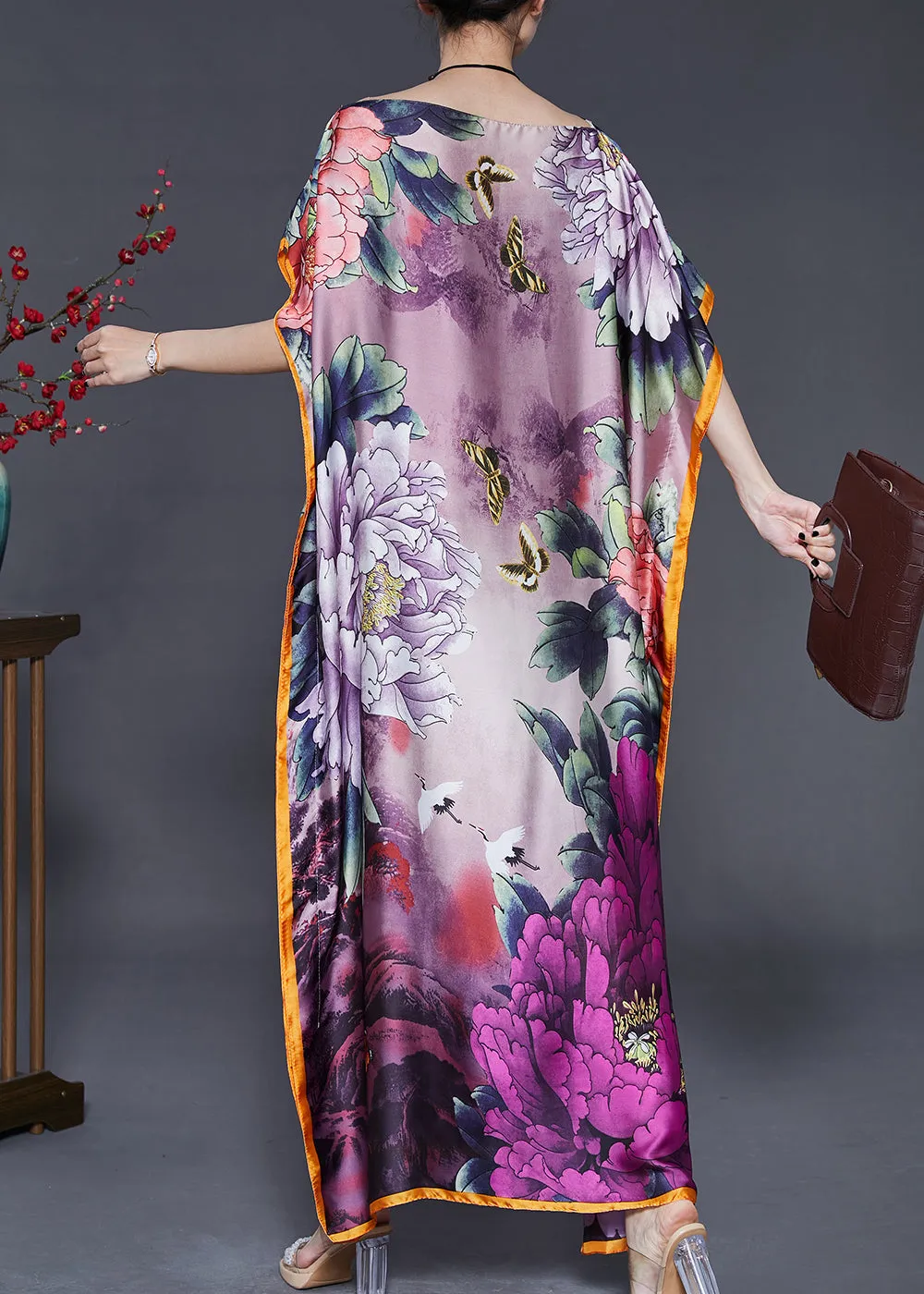 Purple Print Silk Maxi Dresses Slash Neck Batwing Sleeve