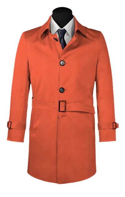 Red belted single-breasted long trench coat