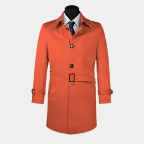 Red belted single-breasted long trench coat