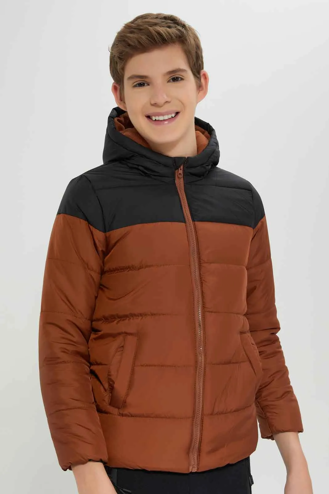 Senior Boys Black And Brown Puffer Jacket