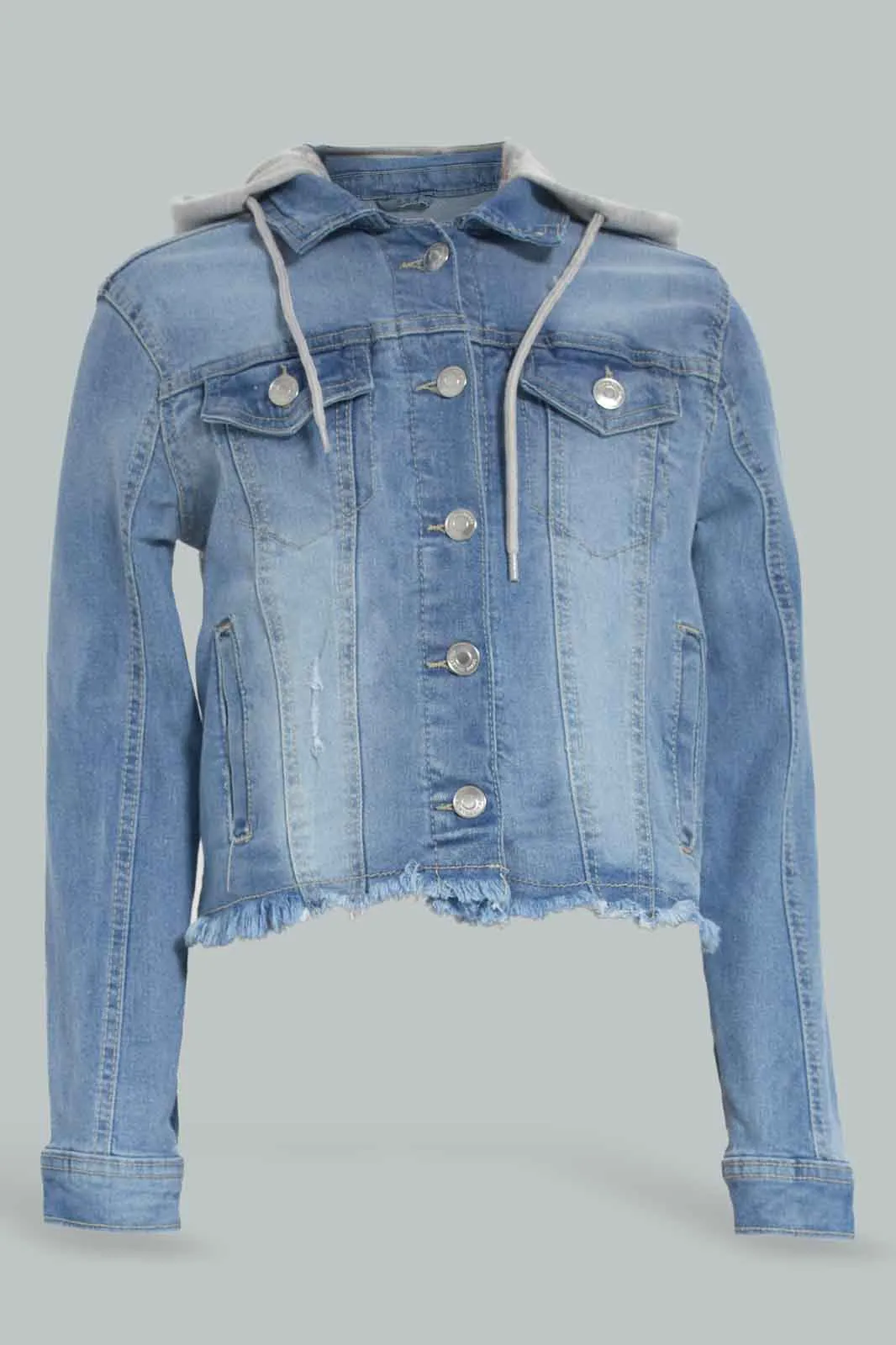 Senior Girls Blue Hooded Denim Jacket With Hood