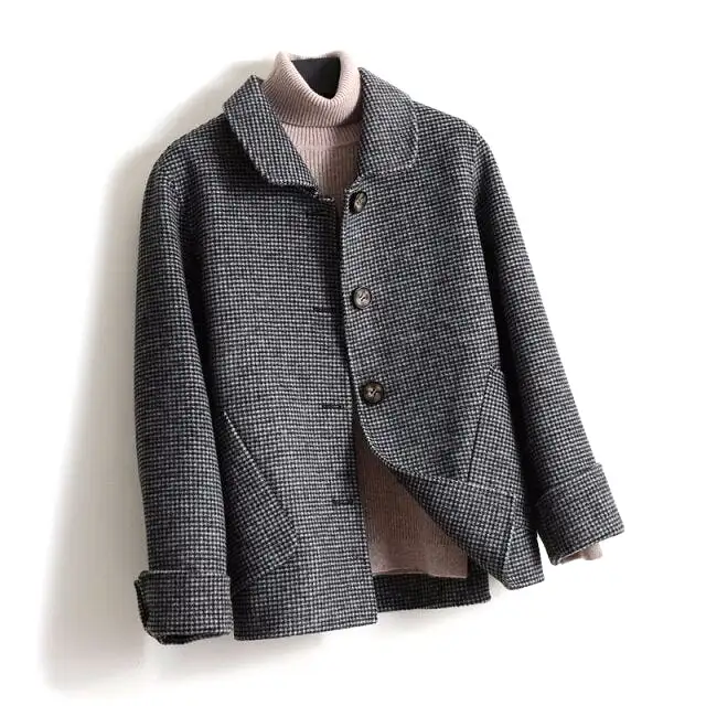 Short Plaid  Wool Coat Women New Single Breasted Turn-down Collar pocket Winter Pure Wool Jacket Female Casaco Feminino