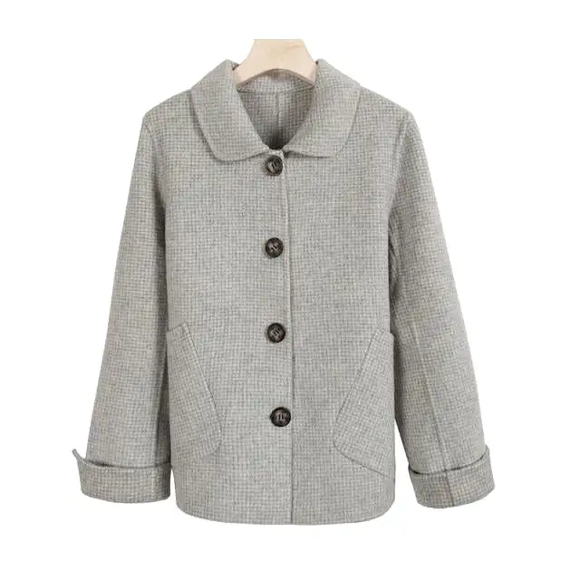 Short Plaid  Wool Coat Women New Single Breasted Turn-down Collar pocket Winter Pure Wool Jacket Female Casaco Feminino