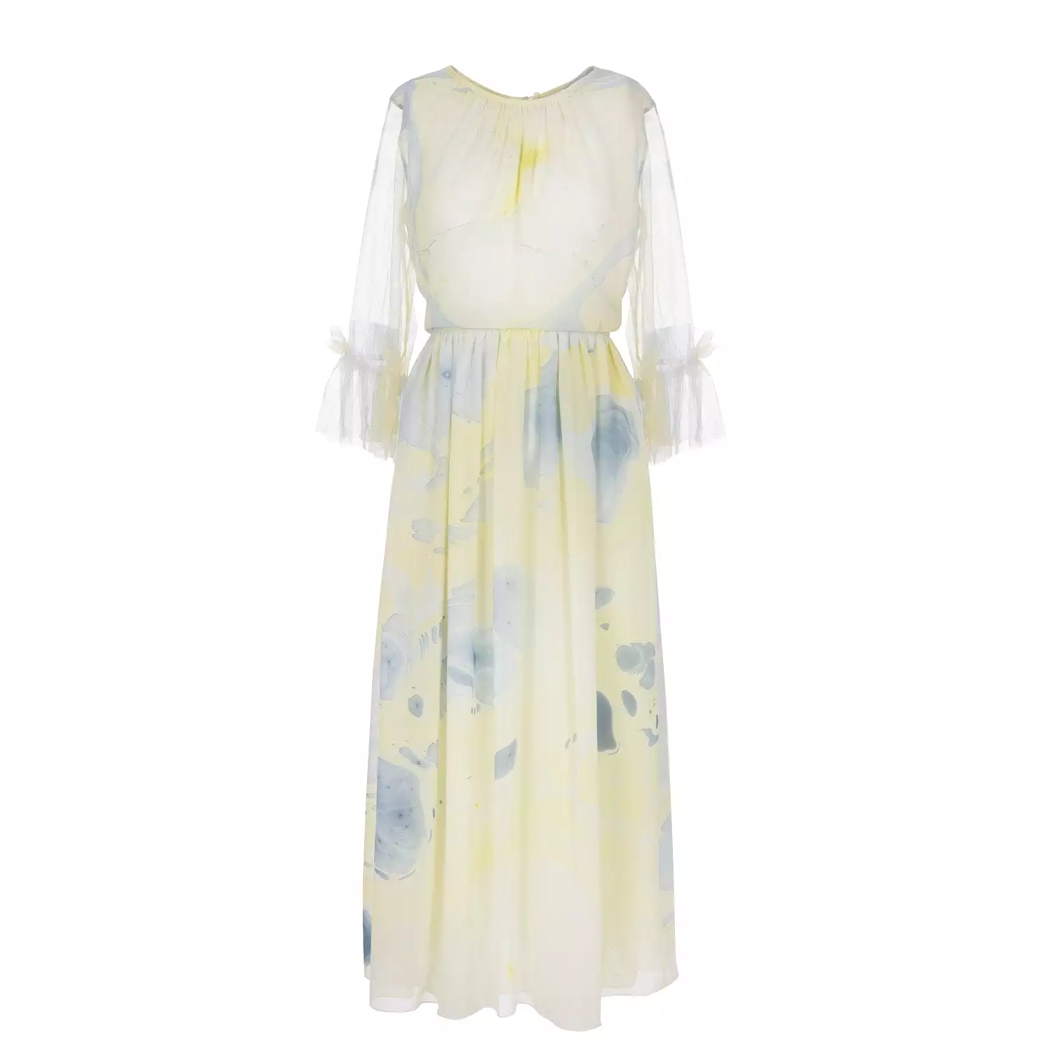 Silk Hand Marbled Gather Dress - Yellow & Blue