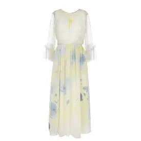 Silk Hand Marbled Gather Dress - Yellow & Blue