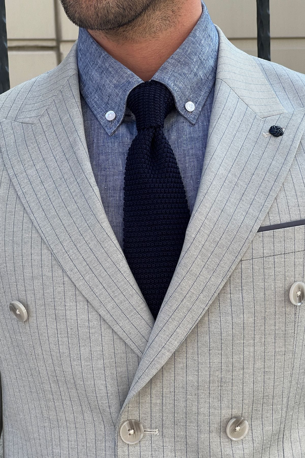 Slim-Fit Striped Double-Breasted Grey Wool Suit