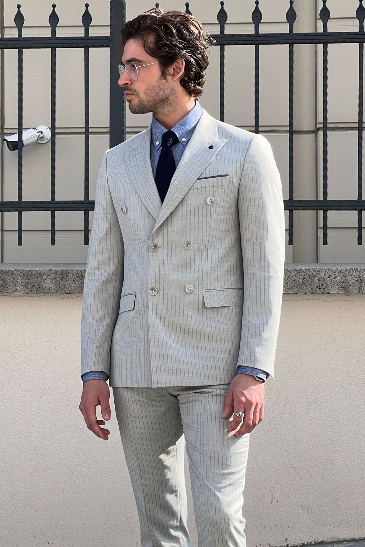 Slim-Fit Striped Double-Breasted Grey Wool Suit