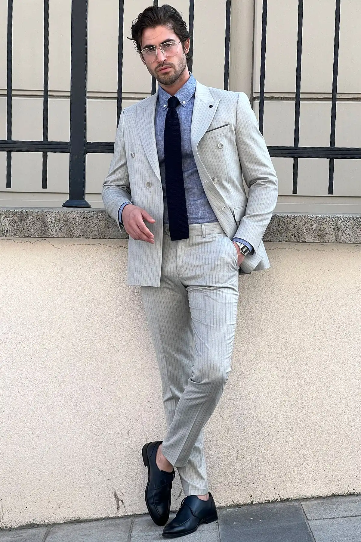 Slim-Fit Striped Double-Breasted Grey Wool Suit