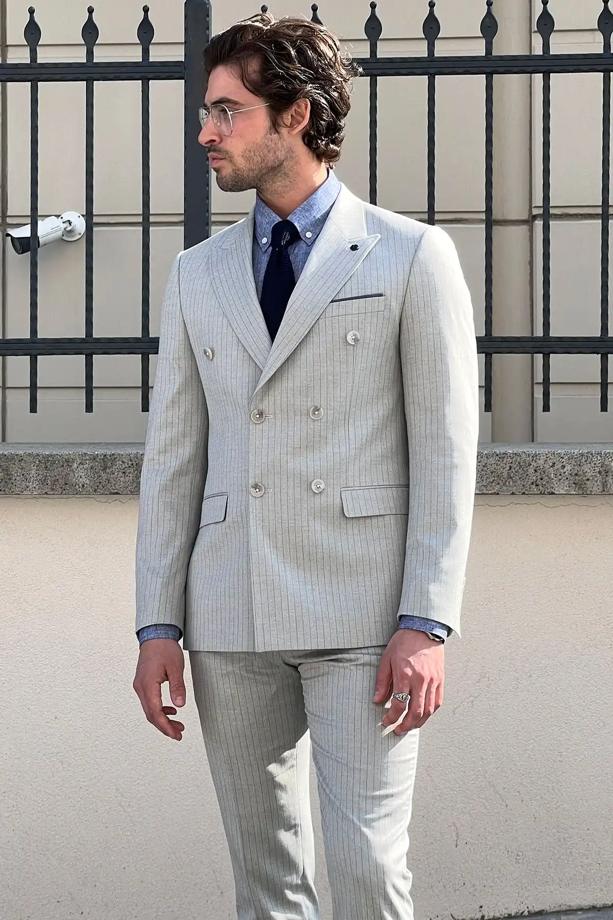 Slim-Fit Striped Double-Breasted Grey Wool Suit