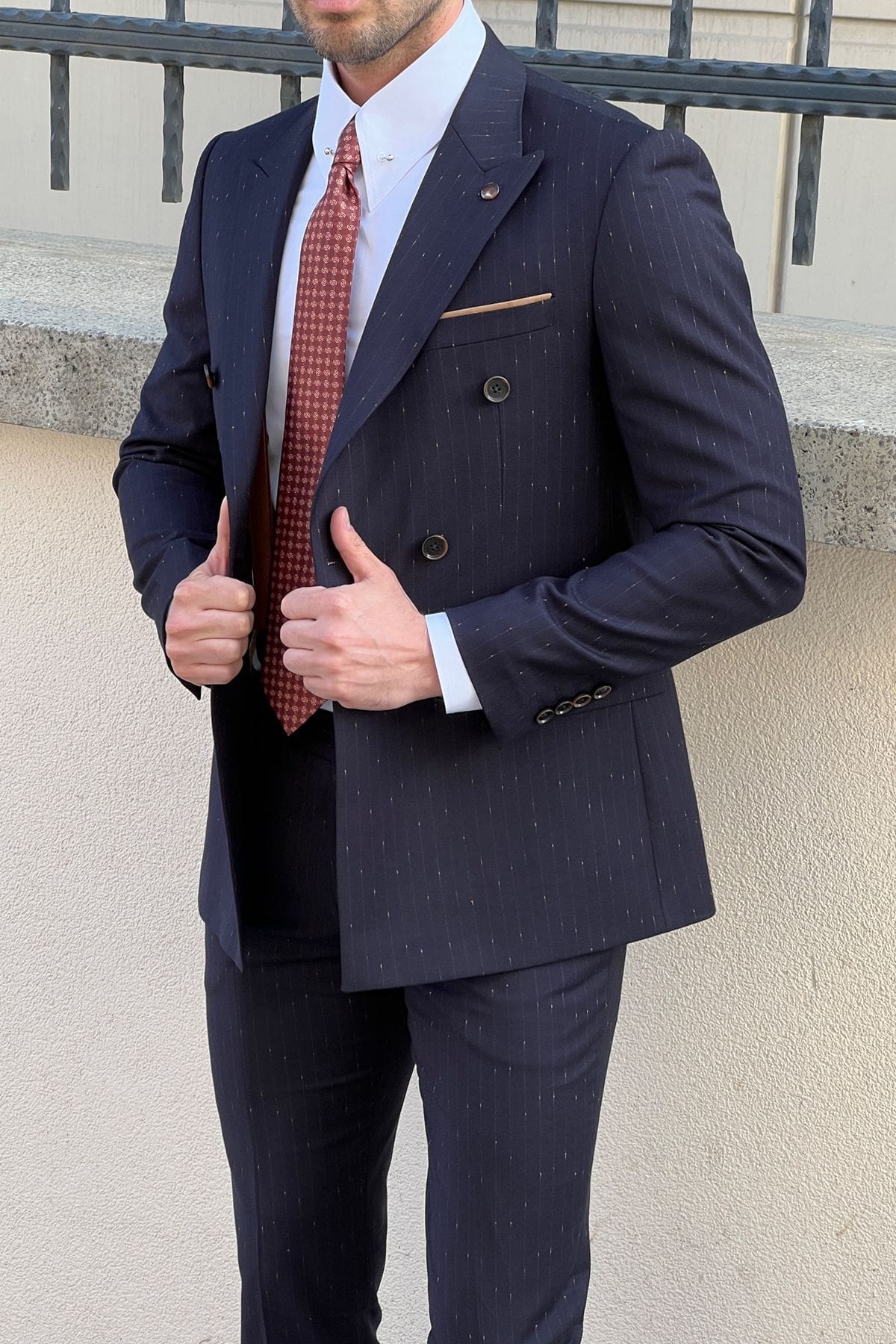 Slim-Fit Striped Double-Breasted Navy blue Wool Suit