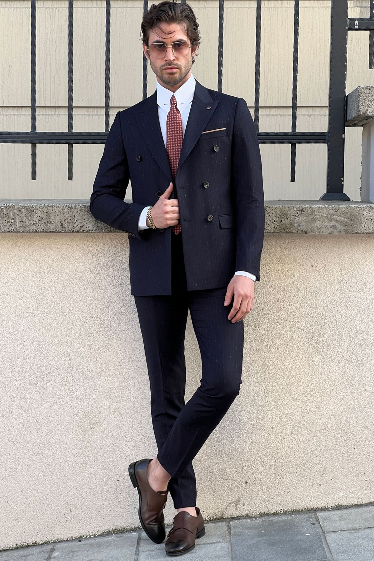 Slim-Fit Striped Double-Breasted Navy blue Wool Suit