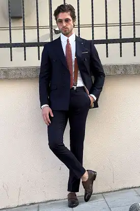 Slim-Fit Striped Double-Breasted Navy blue Wool Suit