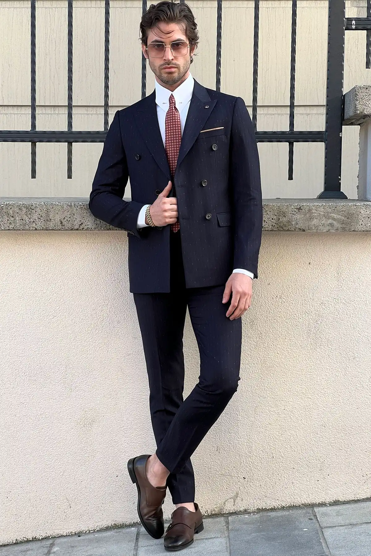 Slim-Fit Striped Double-Breasted Navy blue Wool Suit