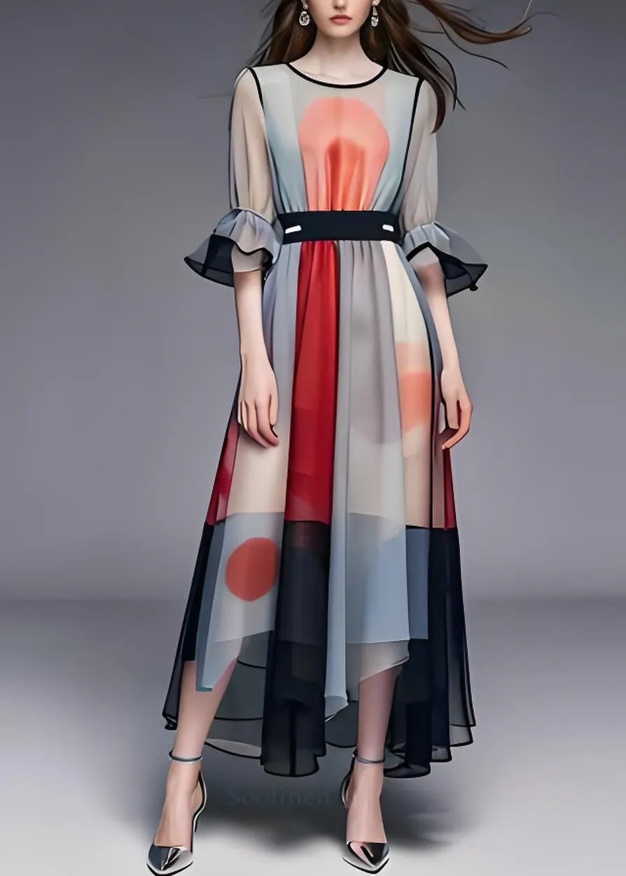 Stylish Colorblock Asymmetrical Patchwork Chiffon Dresses Summer