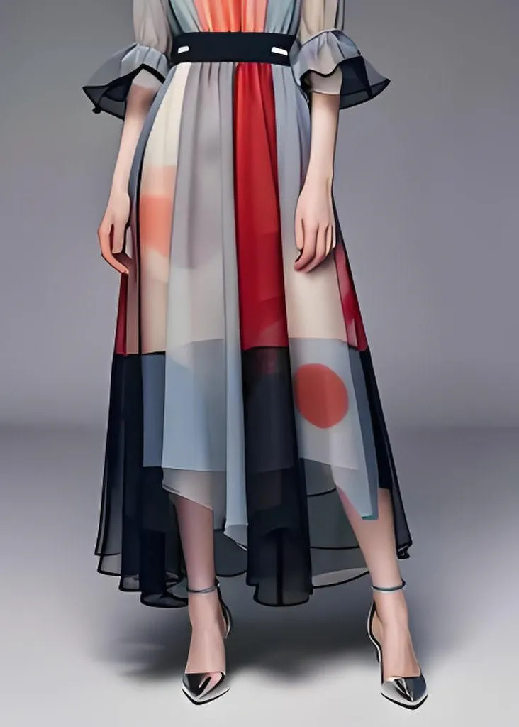 Stylish Colorblock Asymmetrical Patchwork Chiffon Dresses Summer