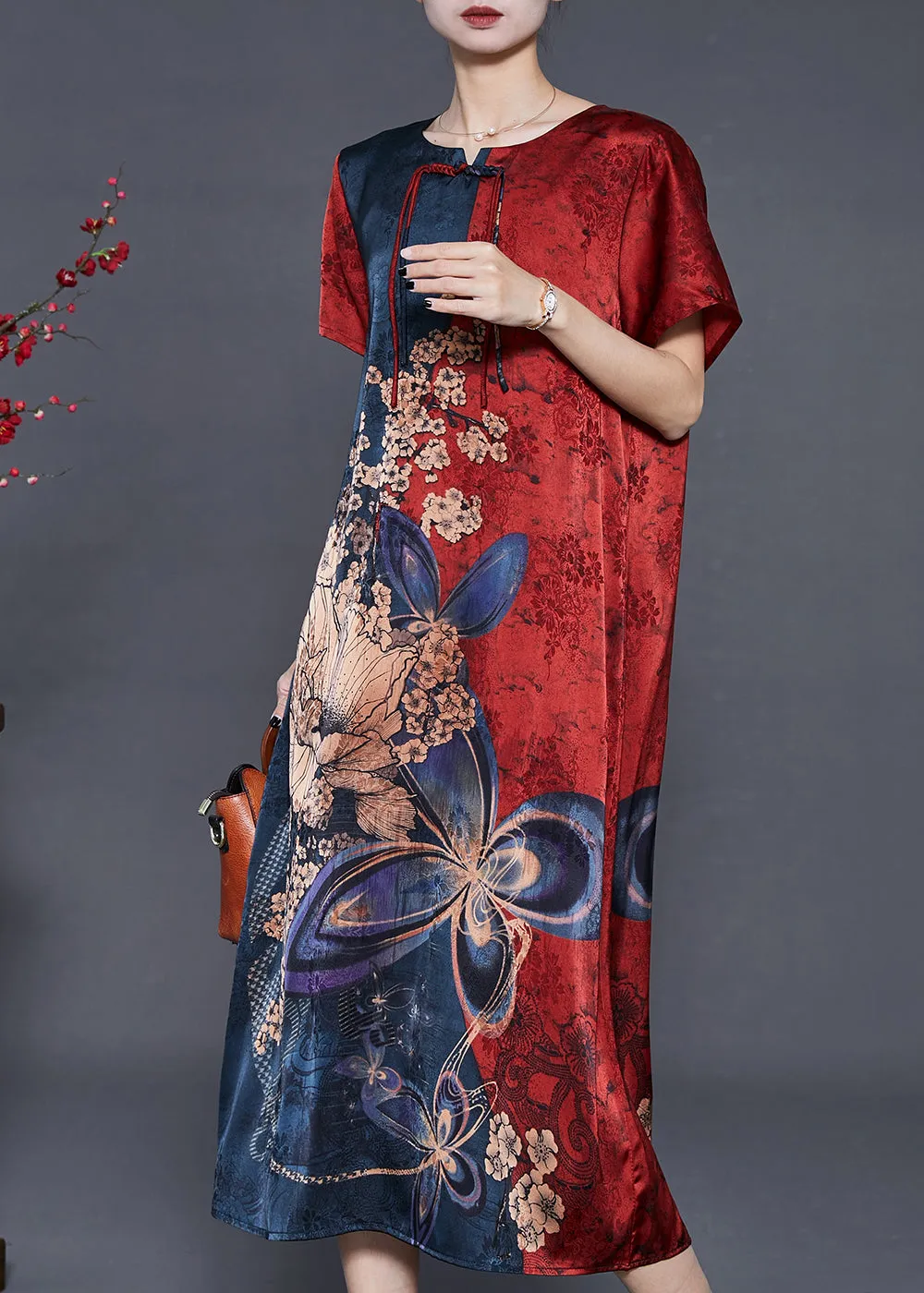 Stylish Mulberry Tasseled Print Silk Maxi Dresses Summer