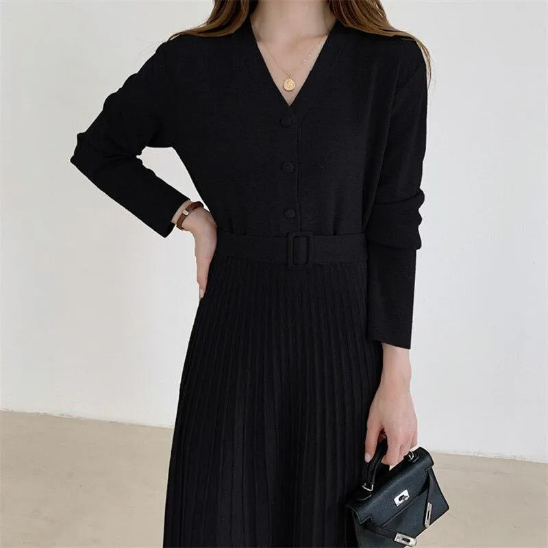 V Neck Long Sleeve Belted Knitted Dress Autumn Winter Button Elegant Pleated Midi Dress