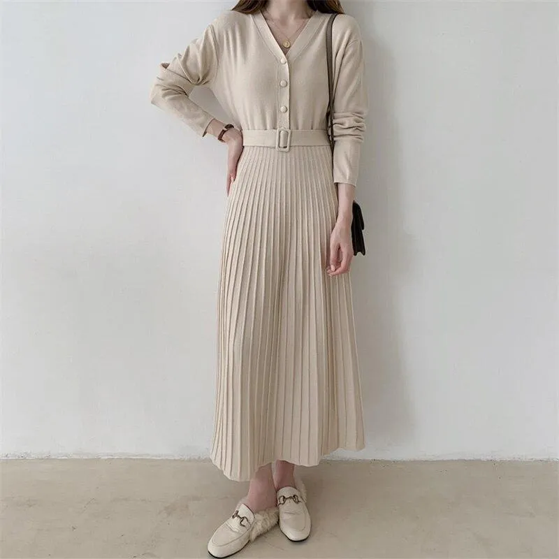 V Neck Long Sleeve Belted Knitted Dress Autumn Winter Button Elegant Pleated Midi Dress