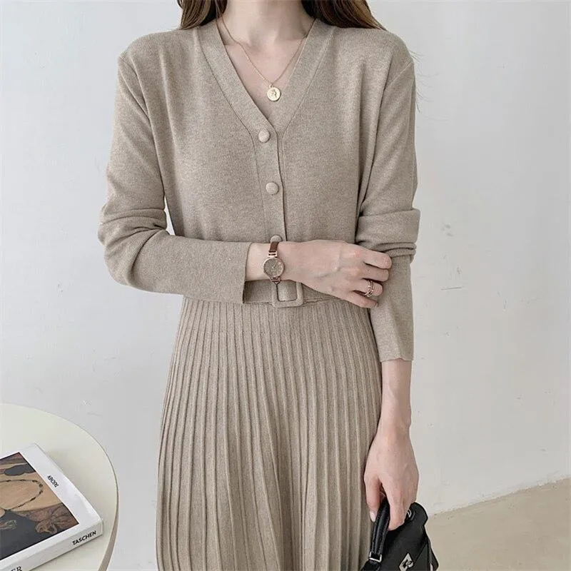 V Neck Long Sleeve Belted Knitted Dress Autumn Winter Button Elegant Pleated Midi Dress