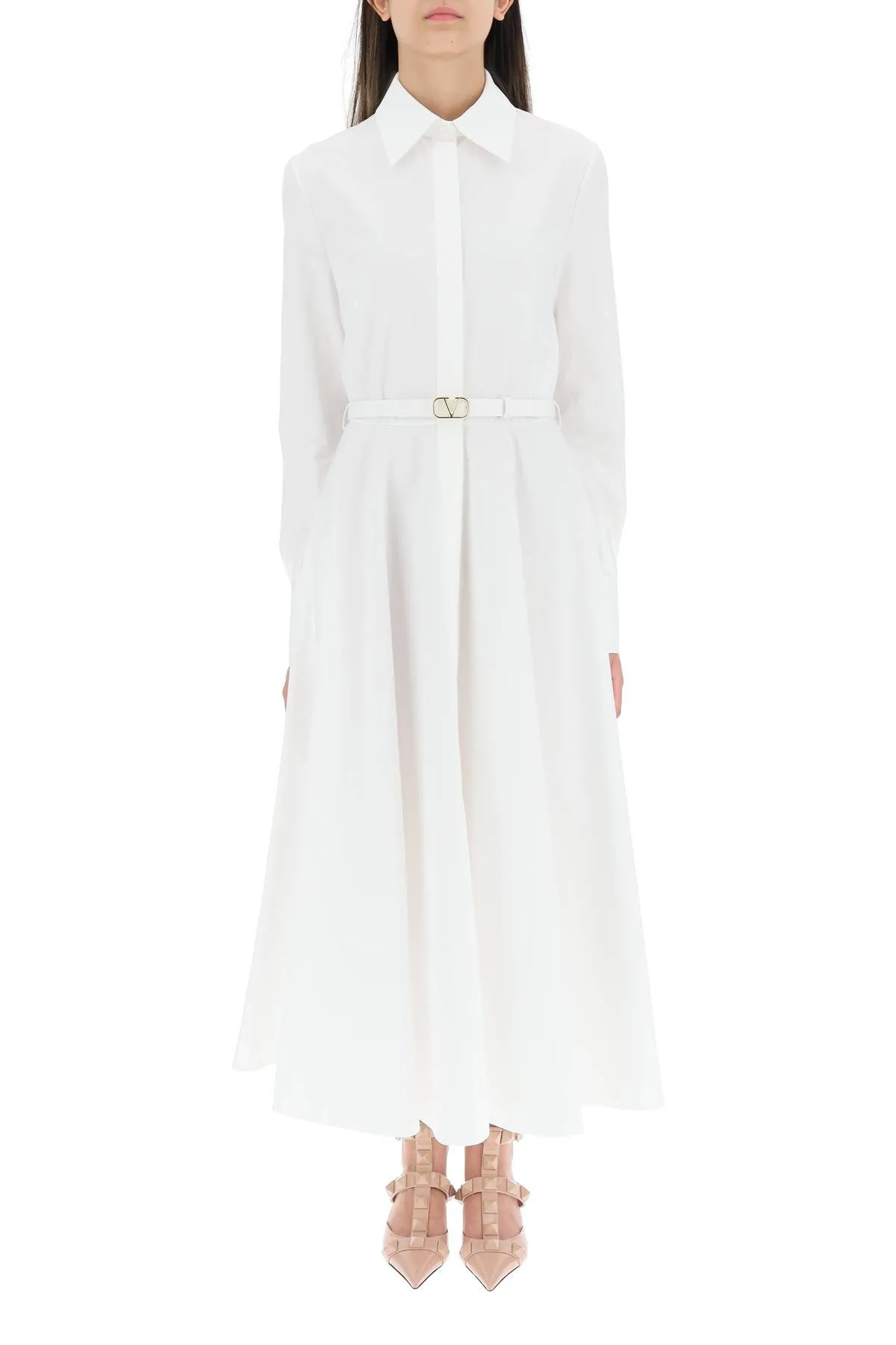 Valentino-Belted Long-Sleeved Midi Dress