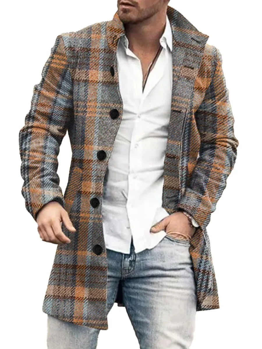 Vintage Plaid Print Double Pocket Stand Collar Casual Jacket