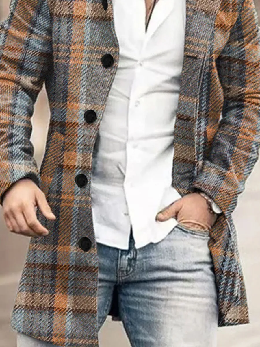 Vintage Plaid Print Double Pocket Stand Collar Casual Jacket